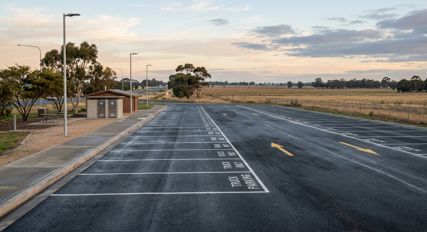 Wide empty truck parking bay with floodlights beside a regional highway