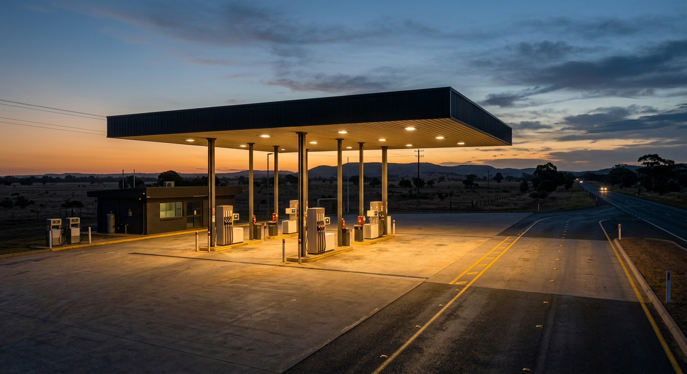 Fuel pumps under a lit canopy on an empty highway forecourt at dusk